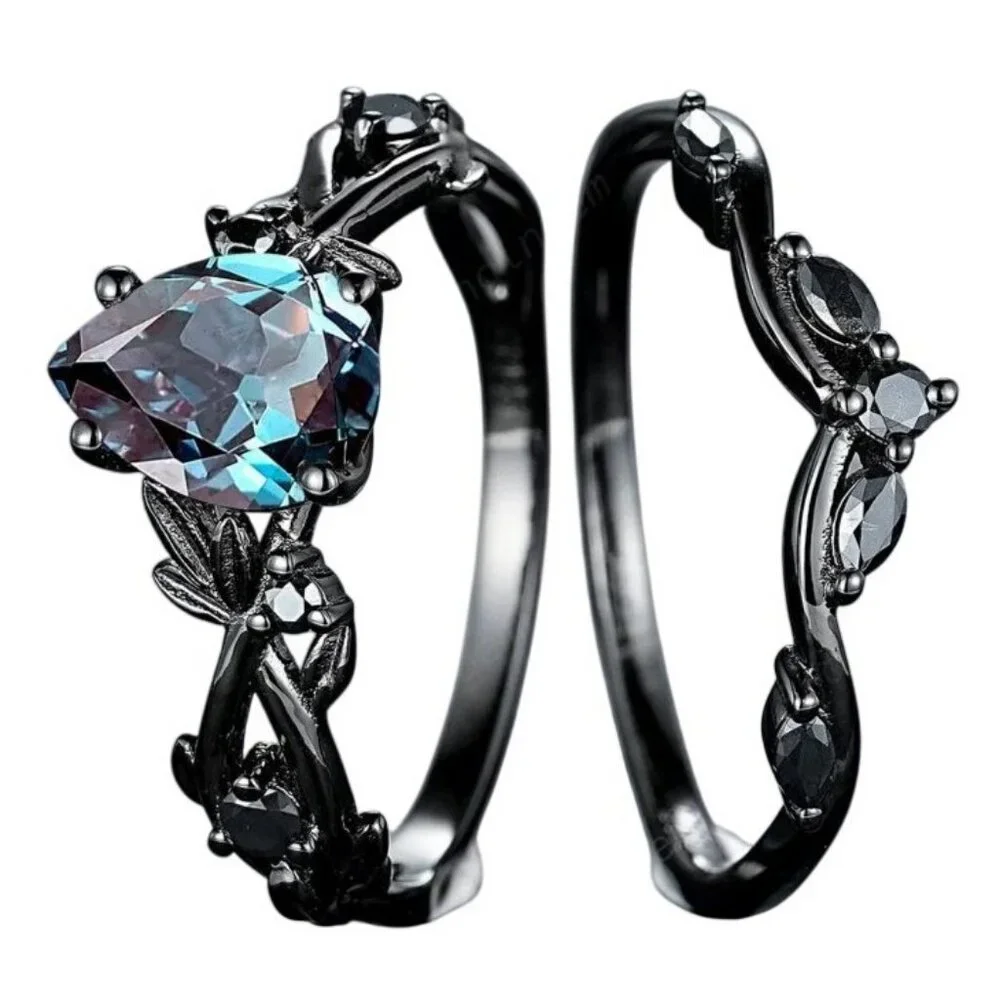 Pear Cut Alexandrite & Moissanite 2 piece Bridal Wedding engagement ring Rhodium - Picture 3 of 8